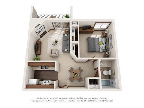 A floor plan of a small apartment with a kitchen, living room, and bedroom.
